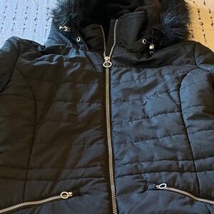 Regatta Ladies’ Black Leopard Cinch-Waist Faux Fur Hood Jacket